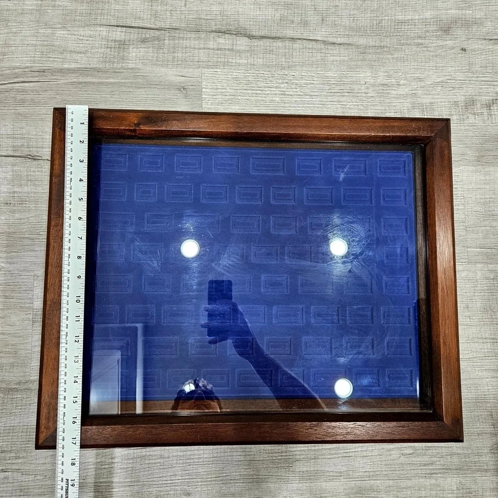 Jewelry Display Case Large Brown Wood Glass Removable 3 Tray Blue Velvet Storage